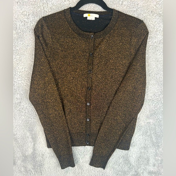 Like New Boden Long Sleeve Button Down Gold Metallic Glitter Cardigan Size 4 - Picture 3 of 16
